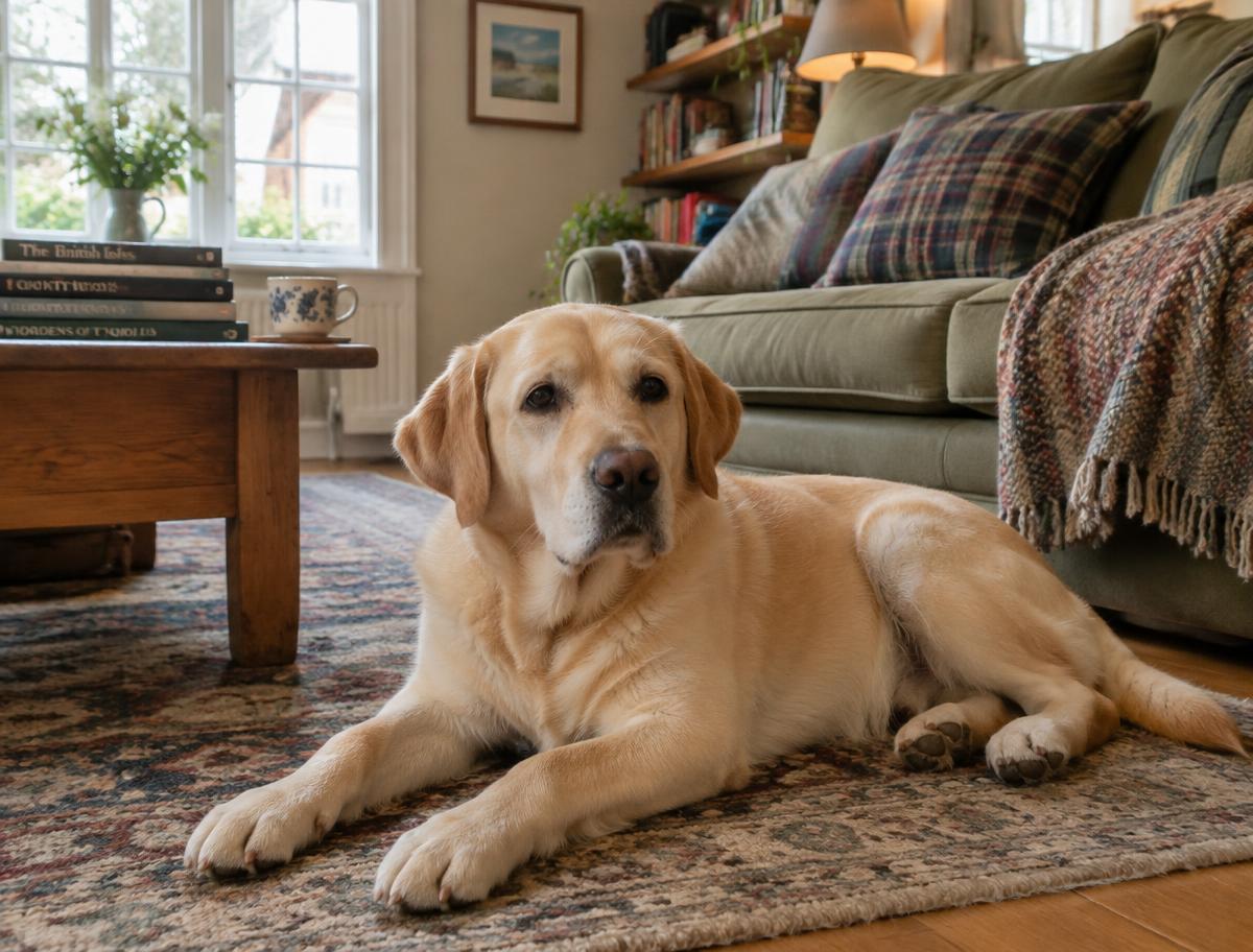 A relaxed labrador lying on a rug in a cosy living room