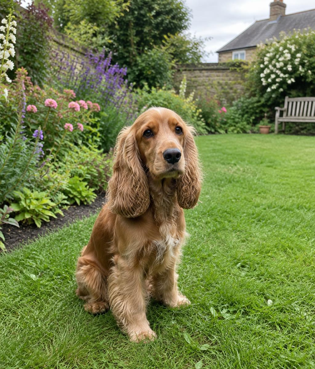 A cocker spaniel sitting on the lawn of a peaceful English garden